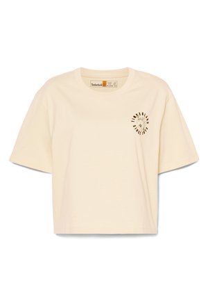Crème T-shirt met korte mouwen van katoen in een relaxte pasvorm. Heeft een ronde halslijn en een bruine grafische print op de borst.