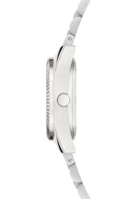 RVS-horloge met een gladde, gepolijste kast en een gestructureerde bezel. Een metalen armband met afgeronde schakels en een veilige sluiting.