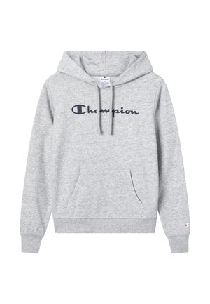 Grauer Kapuzenpullover mit einer Fronttasche. Auf der Brust ist das "Champion"-Logo in Marineblau zu sehen, der Pullover hat gerippte Bündchen und Saum. Weiche Stoffstruktur.