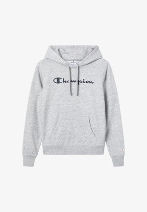 Felpa grigia con cappuccio e tasca frontale. Presenta il logo "Champion" in blu scuro sul petto e polsini e orlo a costine. Tessuto morbido al tatto.