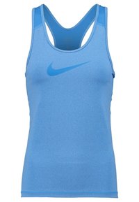 Débardeur de sport bleu sans manches avec un design dos nageur et un logo Nike swoosh bleu plus foncé sur la poitrine.
