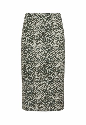 Gonna a tubino con stampa leopardata caratterizzata da una miscela di colori verde, beige e nero. Tessuto morbido, vestibilità aderente, lunghezza al ginocchio senza chiusure visibili.