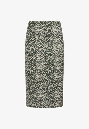 Bleistiftrock mit Leopardenmuster in einer Mischung aus Grün, Beige und Schwarz. Glattes Material, figurbetont, knielange Ausführung ohne sichtbare Verschlüsse.