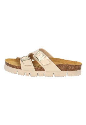 Sandali scivolosi beige realizzati in materiale sintetico lucido, con due cinturini regolabili e fibbie argentate, e una suola dalla texture simile al sughero.