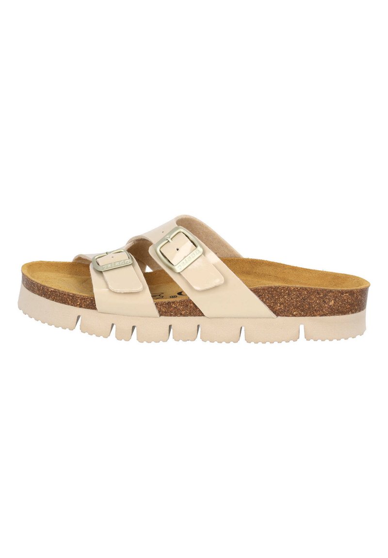 Sandali scivolosi beige realizzati in materiale sintetico lucido, con due cinturini regolabili e fibbie argentate, e una suola dalla texture simile al sughero.
