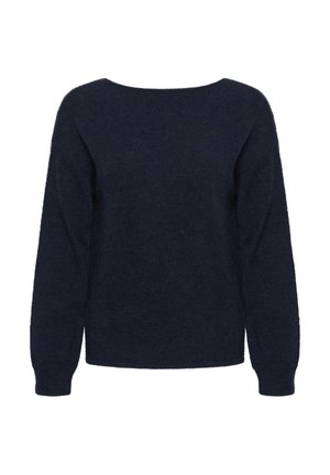 Suéter de punto azul marino con un escote ancho, mangas largas y una textura suave. Presenta un ajuste relajado y un diseño simple y limpio.