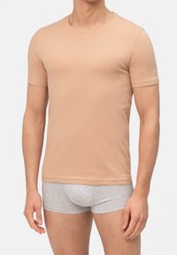 Man wearing a plain beige short-sleeve t-shirt and light gray boxer briefs against a white background, visible from neck to mid-thigh.