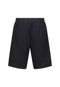 Black shorts featuring an elastic waistband, two rear pockets, and a relaxed fit. Fabric has a smooth, matte texture.