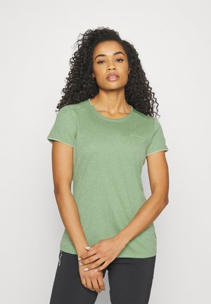 Green short-sleeve t-shirt made of soft fabric, featuring a round neckline and a small logo accent on the left chest area.
