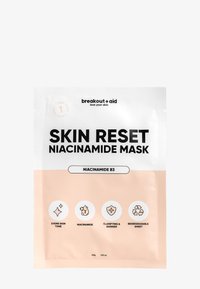 Verpackung der Skin Reset Niacinamid-Maske mit weißem Deckel und pfirsichfarbenem Unterteil. Enthält kräftigen schwarzen Text, Symbole für Vorteile und Hinweis auf biologisch abbaubares Material.