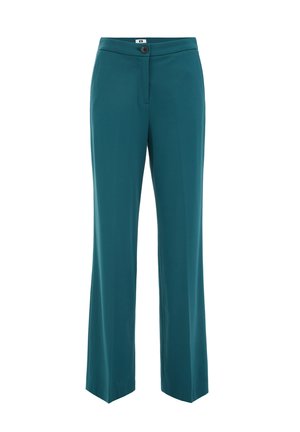Teal wijde pantalon van gladde stof, met een knoopsluiting aan de voorkant en schuine zijzakken voor een praktisch ontwerp.