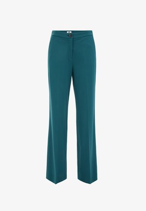 Türkisfarbene Hosen mit weitem Bein aus glattem Stoff, mit einer vorderen Knopfleiste und schrägen Seitentaschen für ein praktisches Design.