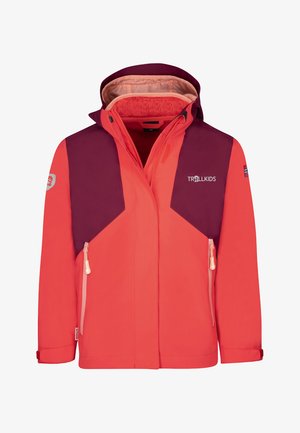 Children's jacket in bright coral and dark purple, featuring a zippered front, two side pockets, and an adjustable hood. Prominent logo visible.
