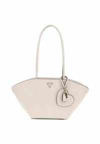 Borsa a tracolla sintetica beige con forma triangolare, manici lunghi, dettagli dorati e un portachiavi a forma di cuore staccabile.