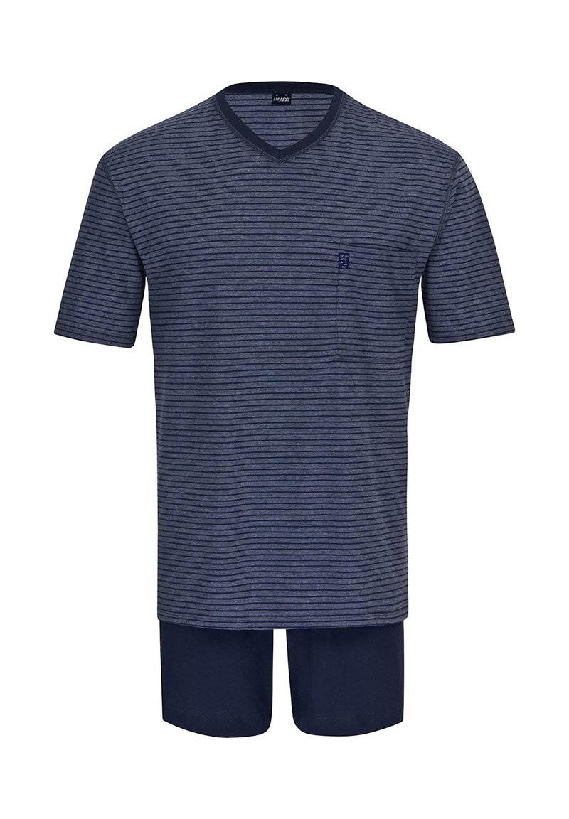 Men's pajama set featuring a navy striped short-sleeve V-neck top and solid navy shorts. Made of soft fabric with a chest pocket detail.