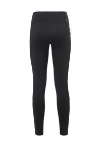 Leggings neri realizzati in tessuto elasticizzato, con vita alta, tasca laterale e cuciture curve sui ginocchi.