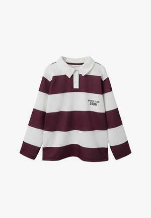 Langærmet polo shirt i mørkerød og hvide striber, med krave, knaplukning og "SPORTS CLUB 1986" trykt på forsiden.