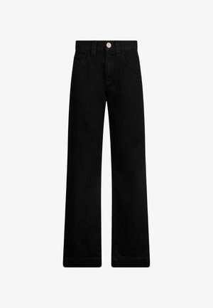 Schwarze weit geschnittene Jeans aus Denim. Verfügt über einen vorderen Knopf- und Reißverschluss, ein Fünf-Taschen-Design und einen geraden Saum. Weiche Textur.