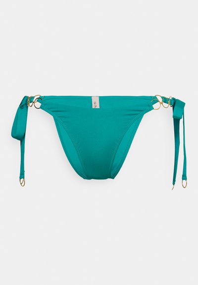 Teal bikini bottom made from smooth fabric, featuring gold hardware accents and adjustable ties on either side for a customizable fit.