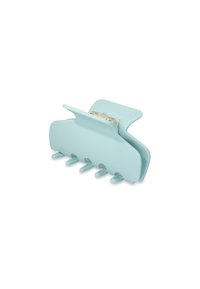 Fermaglio per capelli in plastica azzurro chiaro con una finitura liscia, dotato di cinque denti aderenza e un elemento decorativo sulla parte superiore.