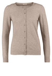 Beige stickad kofta med långa ärmar, rund halsringning och sex knappar mitt fram. Har ribbade muddar och fåll för en tajt passform.