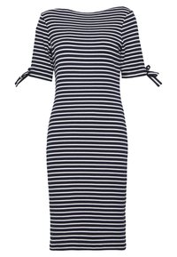 Vestido de rayas horizontales en azul marino y blanco, de longitud hasta la rodilla, con manga corta y lazos atados en los puños.