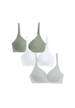 Drie bh's: een olijfgroene, een witte en een grijze. Elke bh heeft een soepel ontwerp, verstelbare bandjes en een zachte textuur die geschikt is voor comfort.