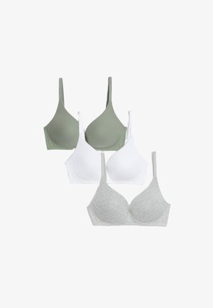 Drie bh's: een olijfgroene, een witte en een grijze. Elke bh heeft een soepel ontwerp, verstelbare bandjes en een zachte textuur die geschikt is voor comfort.