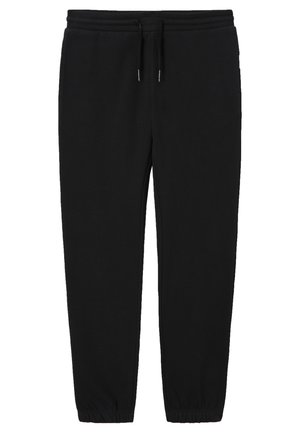 Zwarte joggerbroek met elastische tailleband, trekkoord, zijzakken en elastische boorden.
