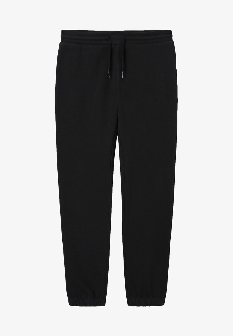 Pantalon de jogging noir avec taille élastique, cordon de serrage, poches latérales et bas de jambes élastiques.