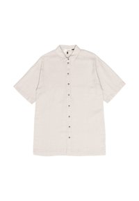 Kurzarmhemd mit Knopfleiste aus leichtem beigen Leinen. Es verfügt über einen spitzen Kragen und eine dezente Struktur sowie dunkle Knöpfe entlang der Knopfleiste.