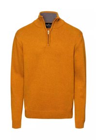 Pomarańczowy sweter dzianinowy z połową zamka przy kołnierzu, prążkowanymi mankietami i dołem, o teksturowanym wykończeniu oraz kontrastowym wewnętrznym kołnierzem.