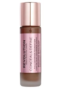 Bouteille de fond de teint, cylindrique, en verre brun translucide avec une étiquette rose. Dispose d'un capuchon en or rose. Le texte inclut le nom du produit et la teinte F16.