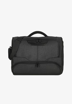 Sac messager noir en tissu texturé, avec deux compartiments à fermeture éclair, une poignée rembourrée et une bandoulière réglable. Design minimaliste avec des accents en cuir.