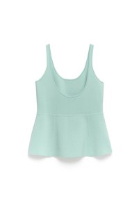 Jasno miętowy top bez rękawów wykonany z miękkiej tkaniny. Posiada zaokrąglony dekolt, wąskie ramiączka oraz design z peplum u dołu. Gładka tekstura.