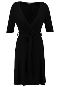 Musta kietaisumekko lyhyillä hihoilla, V-pääntiellä, sivu sidontakohdalla ja pehmeällä kankaan tekstuurilla. Yksinkertainen muotoilu ilman kuvioita tai koristeita.