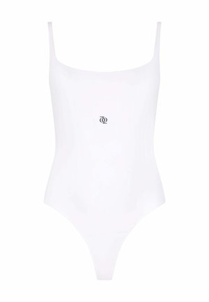 White one-piece swimsuit with thin straps, a scoop neckline, and a central logo displayed above the waist. Smooth texture and fitted shape.