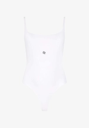 Witte badpak met dunne bandjes, een ronde halslijn en een centraal logo boven de taille. Soepele textuur en aansluitende pasvorm.