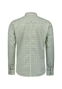 Lange mouw shirt van lichte stof met een geometrisch patroon in groen, blauw en roomkleur. Met knoopsluiting bij de kraag en manchetten.