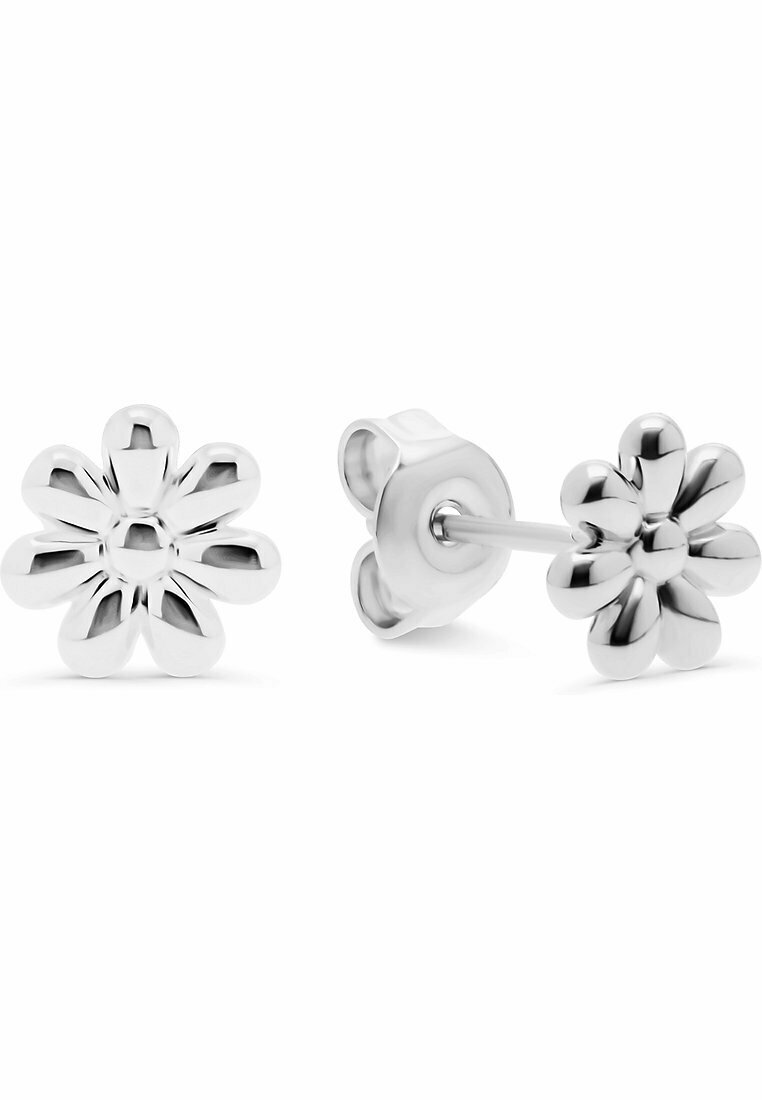Silberne blumenförmige Ohrringe mit polierter Oberfläche. Jeder Ohrring verfügt über sechs abgerundete Blütenblätter und einen Stecker für sicheren Halt.