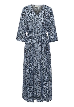 Floral maxi dress in navy with light blue patterns, V-neckline, three-quarter sleeves, cinched waist, and flowing fabric.