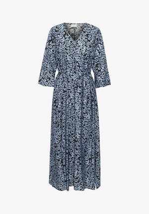 Florale maxijurk in marineblauw met lichtblauwe patronen, V-hals, driekwartmouwen, cinched taille en vloeiende stof.