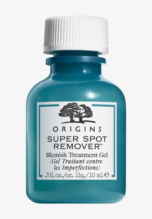 Botella de vidrio azul verdoso con tapa blanca, con una etiqueta que dice "Origins Super Spot Remover", tamaño de 10 ml. Gel transparente en el interior.