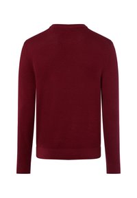 Bordeaux trui met textuur breiwerk, ronde halslijn en lange mouwen. Heeft een effen kleur met geribde cuffs en zoom.