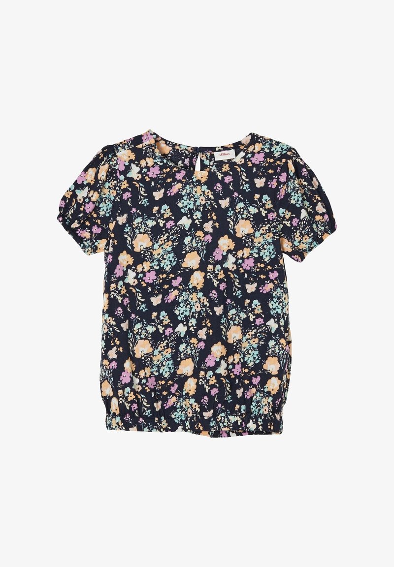 Blouse noire à manches courtes avec ourlet élastique, ornée d'un motif multicolore de fleurs et de papillons aux teintes pastel.