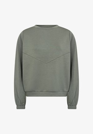 Light green sweatshirt with a crew neckline, long balloon sleeves, and a diagonal seam detail across the chest. Soft fabric texture.