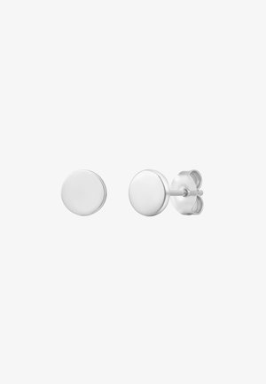 Orecchini a bottoniera tondi in argento con superficie liscia e lucida. Chiusura a perno e farfallina sicura. Design semplice e minimalista.
