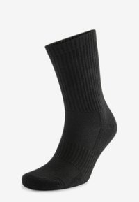 Schwarze Socken mit gerippter Textur, mittlerer Höhe, verstärktem Zehen- und Fersenbereich, glattem Stoff. Geeignet für Freizeit- oder formelle Anlässe.