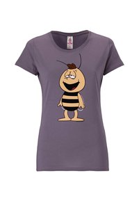 Purple cotton t-shirt featuring a cartoon bee with a round face, black stripes, and smiling expression, short sleeves, and a classic fit.