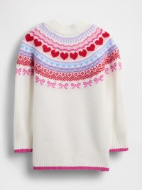 Bílý svetr s barevným vzorem na provedení kolem krku zahrnujícím srdíčka, mašličky a diamantové vzory v červené, růžové a modré barvě. Žebrované manžety a spodní lem.